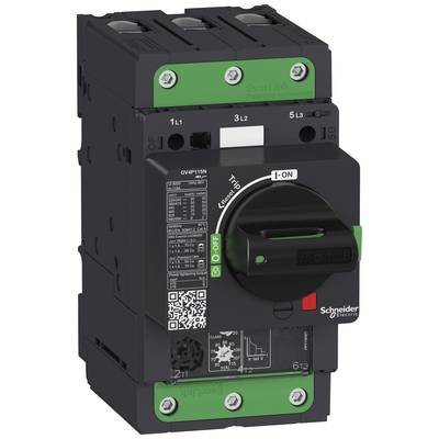 A black Schneider Electric circuit breaker with green elements. Lever positioned at 'I-ON'.