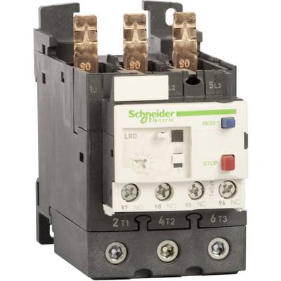 An electrical motor protection switch by Schneider Electric with a green label, red and blue buttons for 'Reset' and 'Stop'.