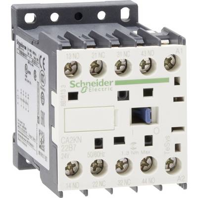 A white electrical contactor from the Schneider Electric brand with lateral terminal connections, suitable for mains switching.