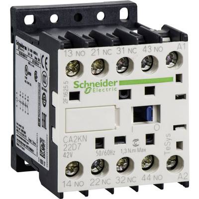 An electrical contactor from Schneider Electric with multiple connection terminals and a label indicating the model number and voltage.