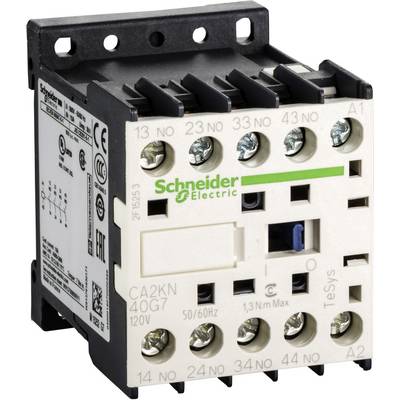 An electrical contactor from Schneider Electric, model CA2KN, for circuits up to 120V, 50/60Hz. Multiple terminal connections visible.