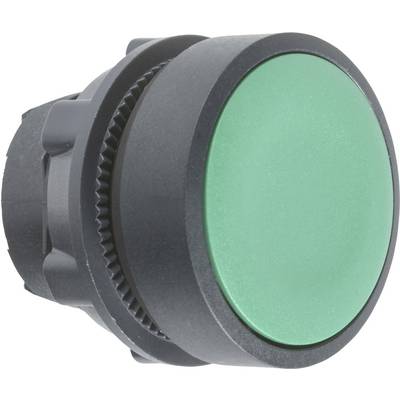 A round green push button with a black casing. The button is designed for controlling or activating a device.