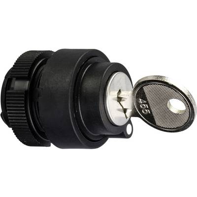 A metal key is inserted into a black cylinder lock. The key is numbered '455'. The lock is depicted from the side.