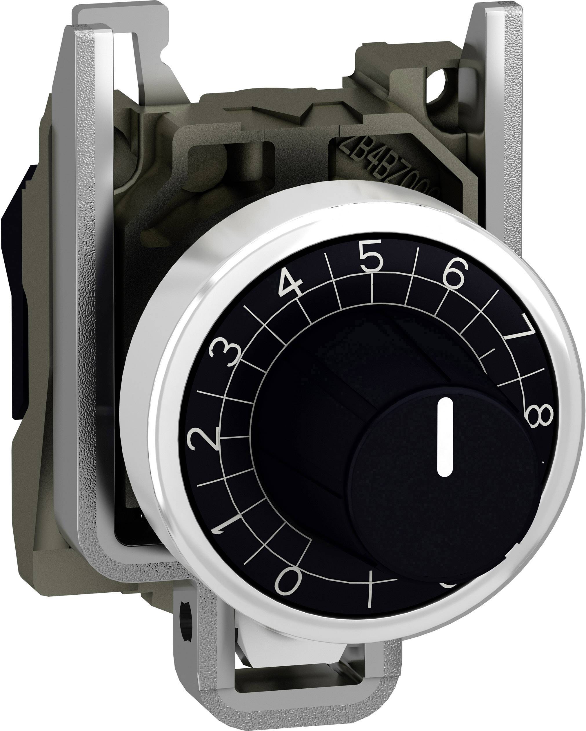 Rotary switch in a retro style with numbered markings from 0 to 9, mounted on a metal bracket.