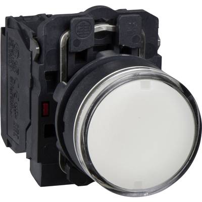 Close-up of a round white push button, mounted in a black housing. Suitable for industrial machine controls.