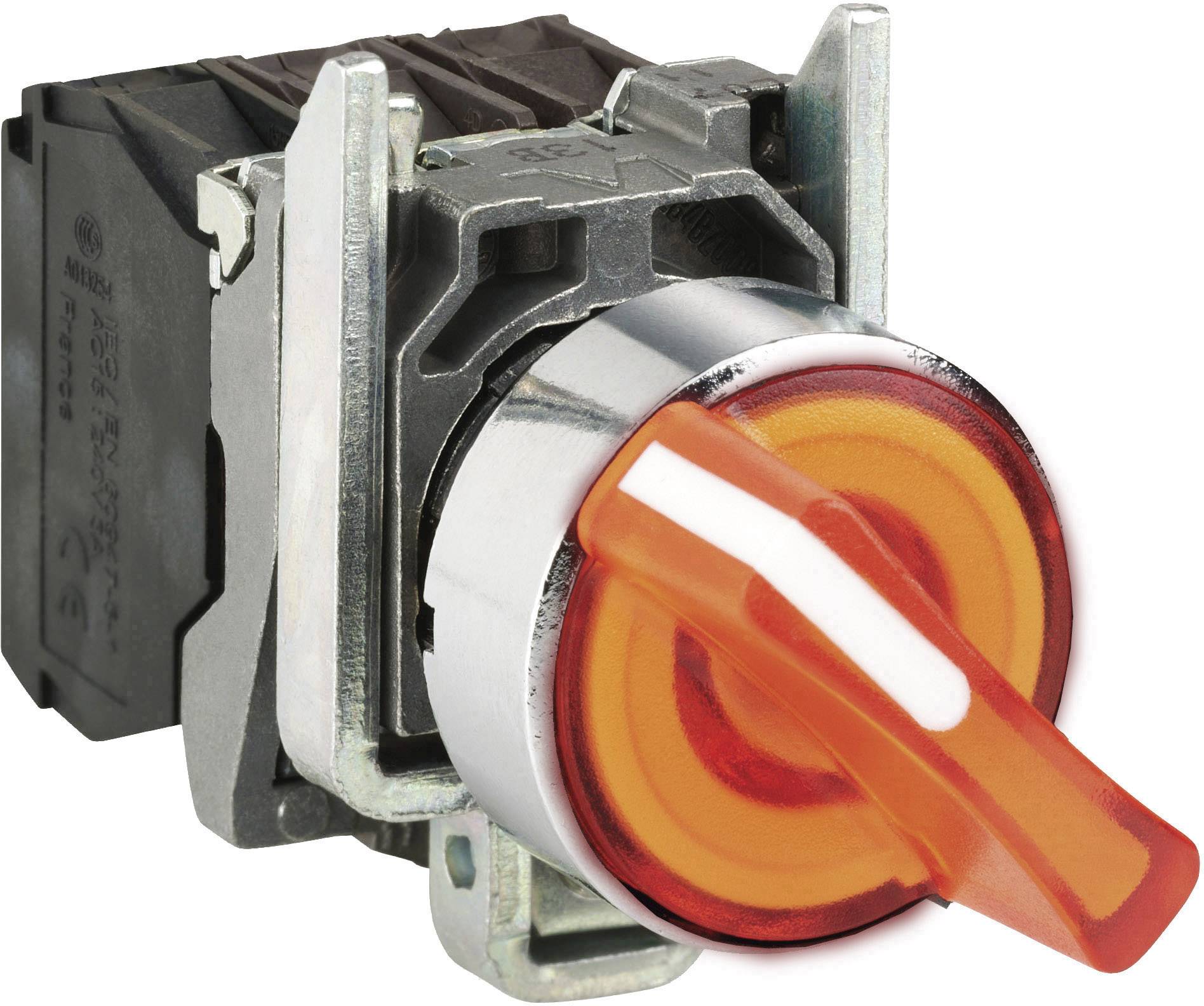 Orange illuminated rotary switch with metal housing, suitable for controlling or indicating electrical devices.