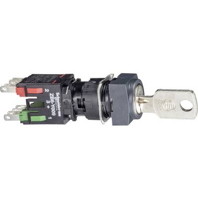 A metal key switch with multiple electrical connections. The key is inserted in the lock and indicates the switched-on position.
