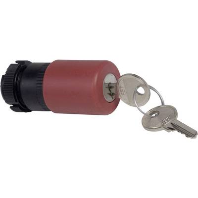 A red padlock with two keys inserted into the lock. The lock has a black rotating segment at one end.