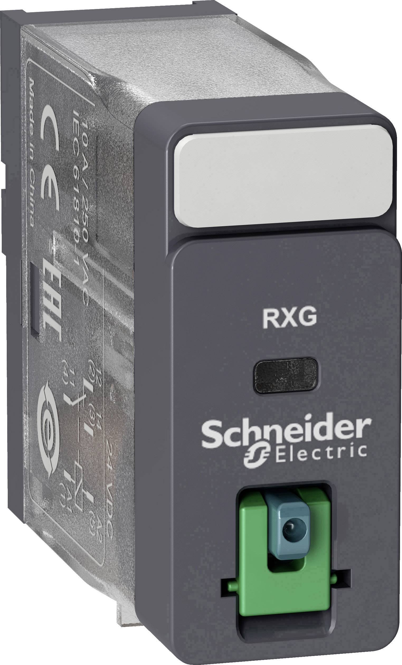 A grey, electronic relay from Schneider Electric with 'RXG' labelling, a green switch, and CE marking.