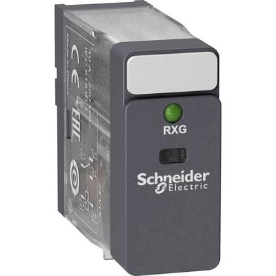'Schneider Electric' relay with green LED indicator and 'RXG' inscription. Rectangular, with transparent section, suitable for panel mounting.