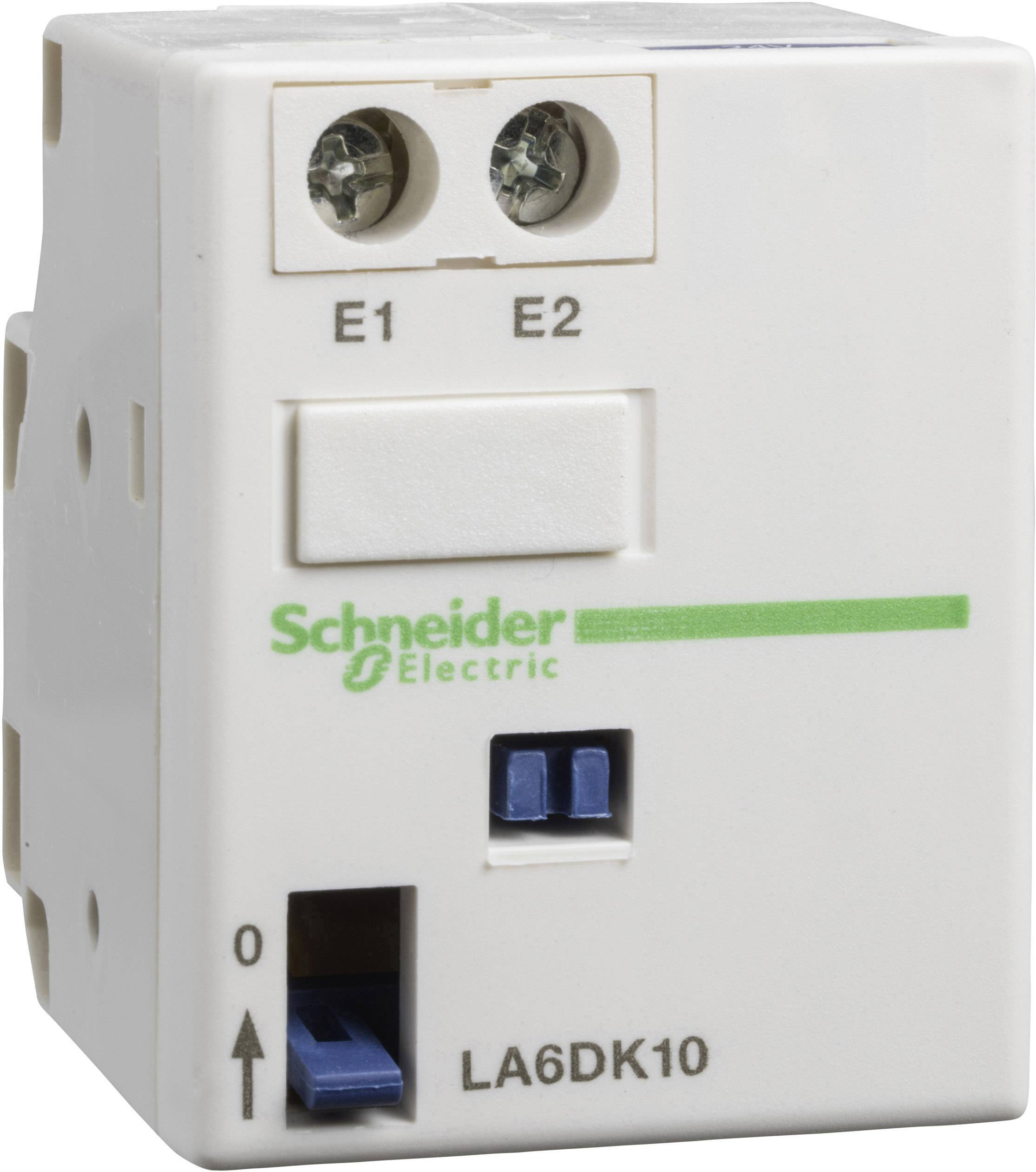 An electro-mechanical device with two screw terminals at the top, a green Schneider Electric logo label, two blue plugs at the bottom, and marked 'LA6DK10'.