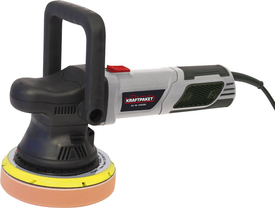 An electric polishing machine with a black handle and grey casing is lying on its side. The front side shows the round polishing pad.