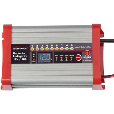 Battery charger for automatic battery charging, displaying 12.0V output voltage, eight stages, LED indicators for voltage and modes.