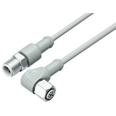 A grey, angled M8 connector cable with two connectors. Suitable for electronic device connections.