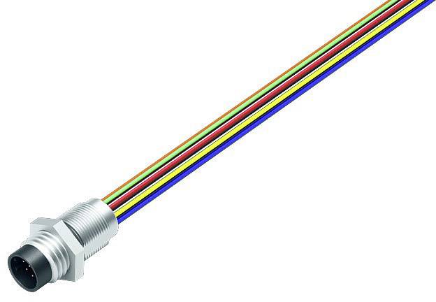 A M8 connector with four coloured cables (red, green, yellow, blue) illustrates the construction and colour coding of electrical wires.