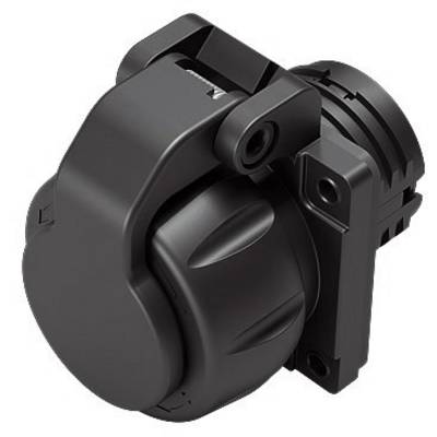 Black, round connector with hinged cover, suitable for electronic connections in vehicles or machinery.