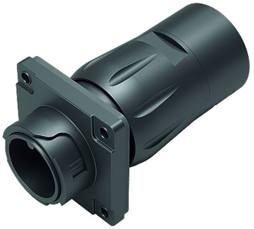 Connector, cylindrical shape, with outer sleeve and flange for mounting, black. Used in electronic devices.