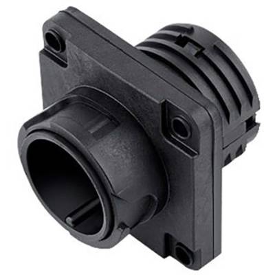 A black, square plastic connector with two screw holes, typically used for electronic or audio equipment.