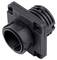 A black, square plastic connector with two screw holes, typically used for electronic or audio equipment.