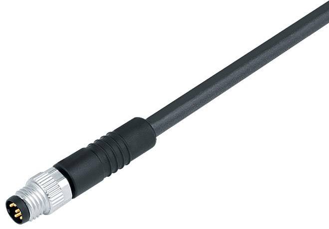 'Black cable with a round, metallic connector at one end, suitable for electronic connections.'