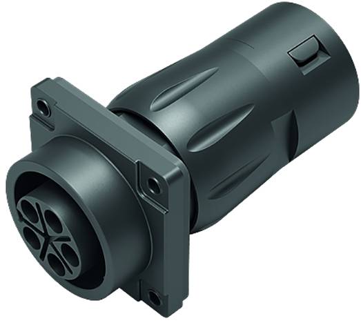 A round, black connector with four poles, suitable for industrial applications.