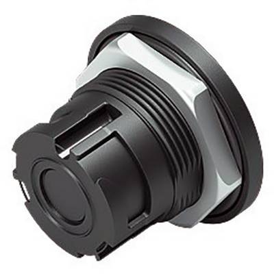 Black and white press button, viewed from the side. Suitable for industrial control panels or similar applications.