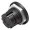 Black and white press button, viewed from the side. Suitable for industrial control panels or similar applications.