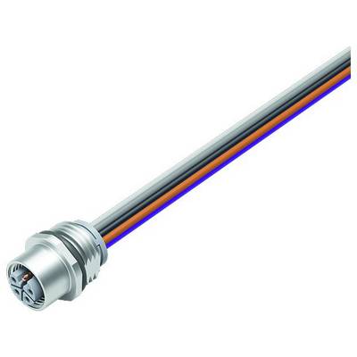 Metallic circular connector with multiple coloured cables: grey, blue and orange. Suitable for industrial applications.