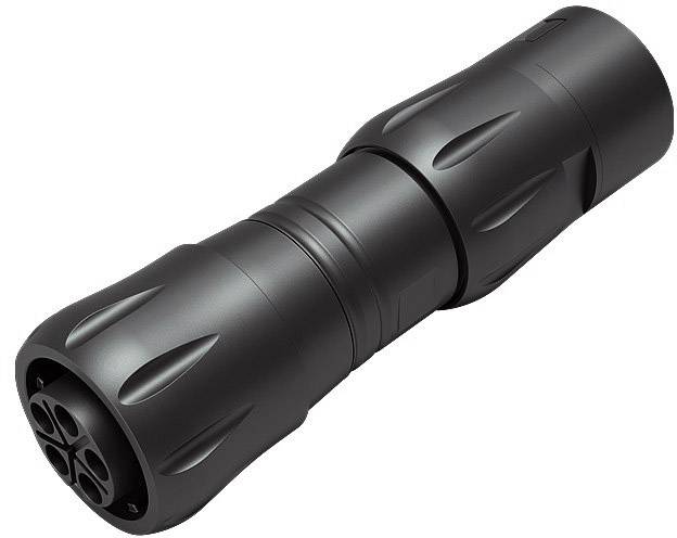 Black torch with a slim, ribbed design, closed. Suitable for outdoor activities or emergency lighting.