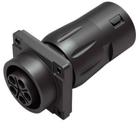 Black electric plug with four round connection pins, suitable for high-current applications. Housing robust, designed for industrial use.