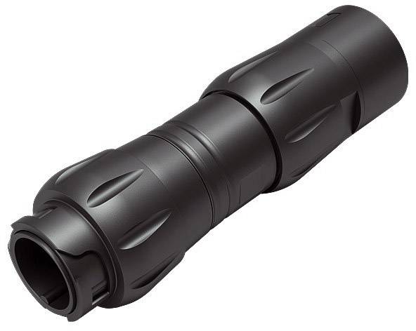 Black plastic connector with a ribbed surface, cylindrical in shape, used for electrical cable connections.