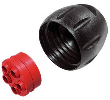 Black cable gland and red insert with multiple openings for cable distribution.