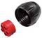 Black cable gland and red insert with multiple openings for cable distribution.
