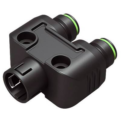 Black plastic connector with two green sealing rings, likely for pipes or cables, lateral connection visible.