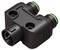 Black plastic connector with two green sealing rings, likely for pipes or cables, lateral connection visible.