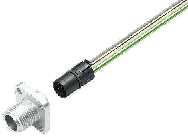 'Illustration of an electrical connector with cable, comprising an M8 socket and an M8 plug with four wires.'