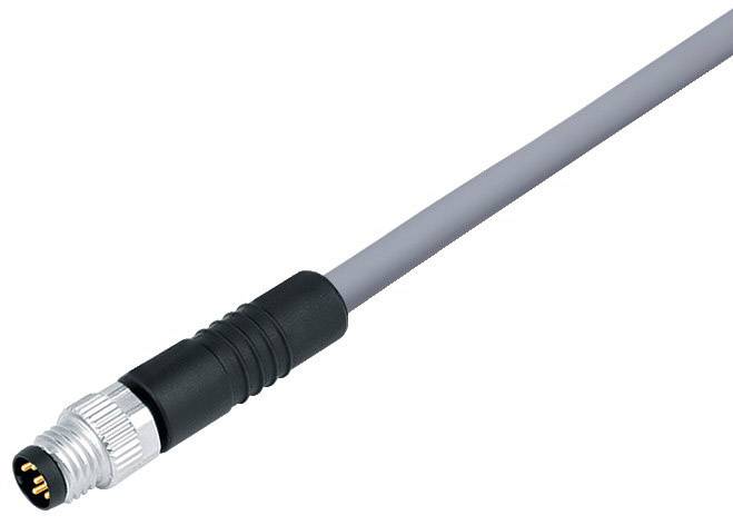 An M8 industrial cable with a round plug and knurled grip shows connection for machines or sensors in automation systems.