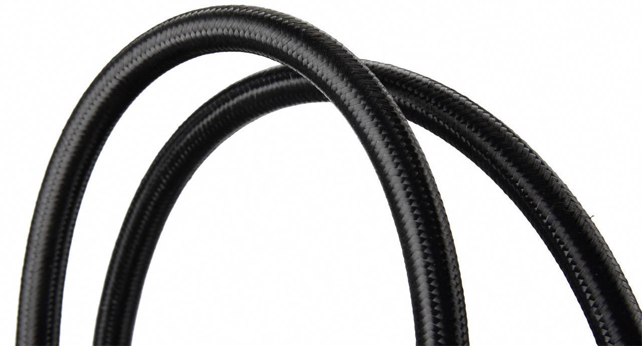 Two black, curved hoses, positioned side by side, against a white background.