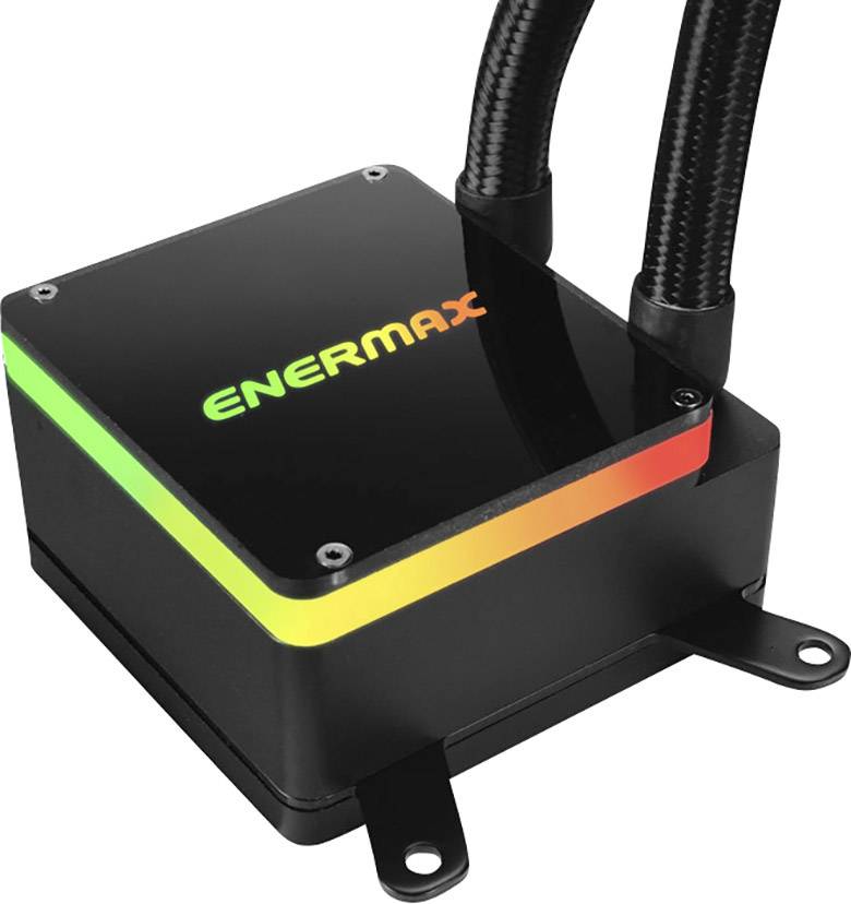 Heat sink with Enermax logo and RGB lighting, two pipes connected for liquid cooling.