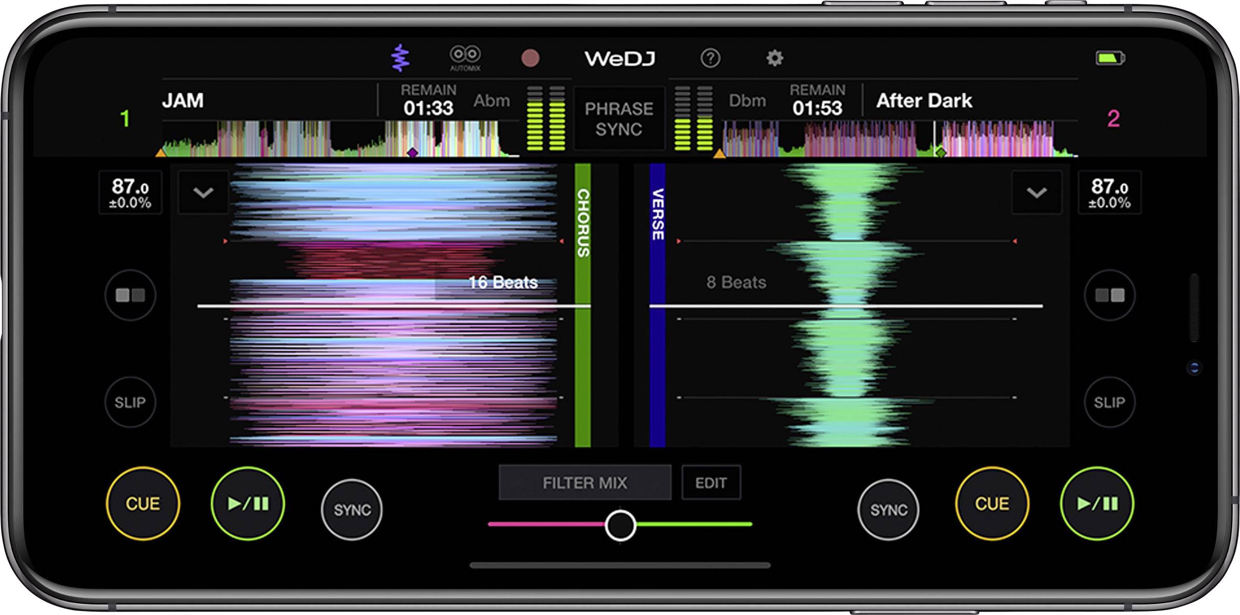 A smartphone screen displays a DJ app with two audio tracks. Coloured waveforms, track titles, and synchronisation options are visible.