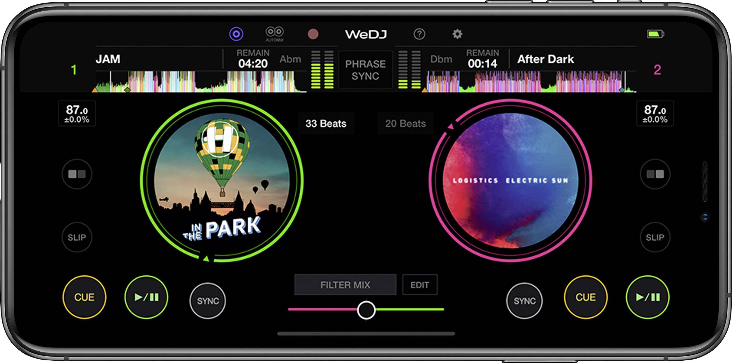 A smartphone displays a DJ app with two tracks: 'The Park' and 'After Dark', with BPM display, remaining time, and control options.