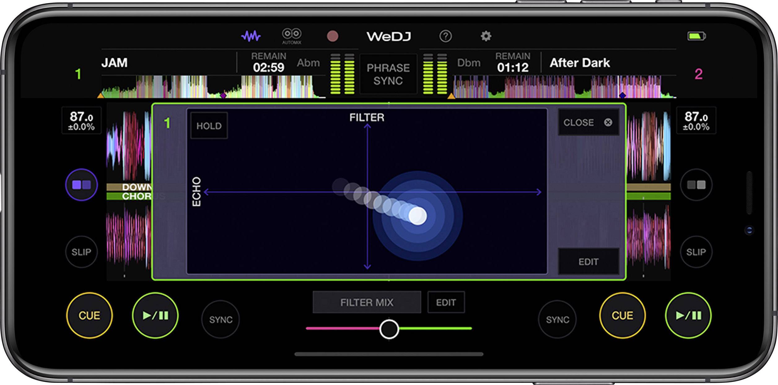 A DJ mixing app on a smartphone screen displays two tracks with equaliser and filter options.