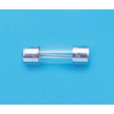 A single glass fuse with metal ends lies on a blue background.