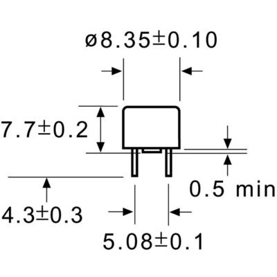 Technical drawing of an electrical component with dimensions: Diameter 8.35±0.10 mm, Height 7.7±0.2 mm, Pin spacing 5.08±0.1 mm.