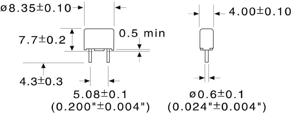 Electronic component diagram with precise dimensions in millimetres and inches; shows two components with pins and dimension lines.