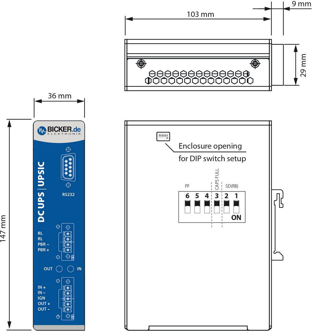 'Bicker.de DC UPS UPSIC' Device Drawing with Dimensions: Height 147 mm, Width 36 mm. Side View Shows Connection Layout and DIP Switches.