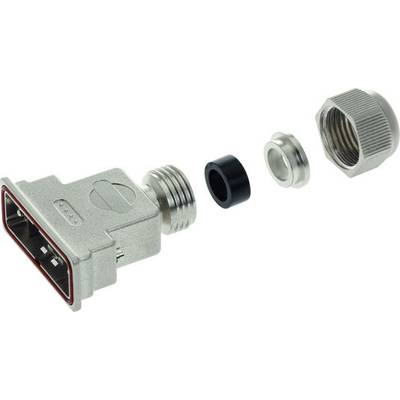 Individual components of a D-sub connector, comprising housing, protective cap, sealing ring, and fastening screw, in grey colour.