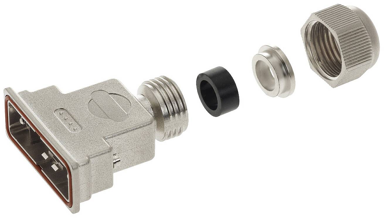 Dismantled D-sub connector with metal housing, consisting of plug, cable gland and seal, for connecting electrical cables.