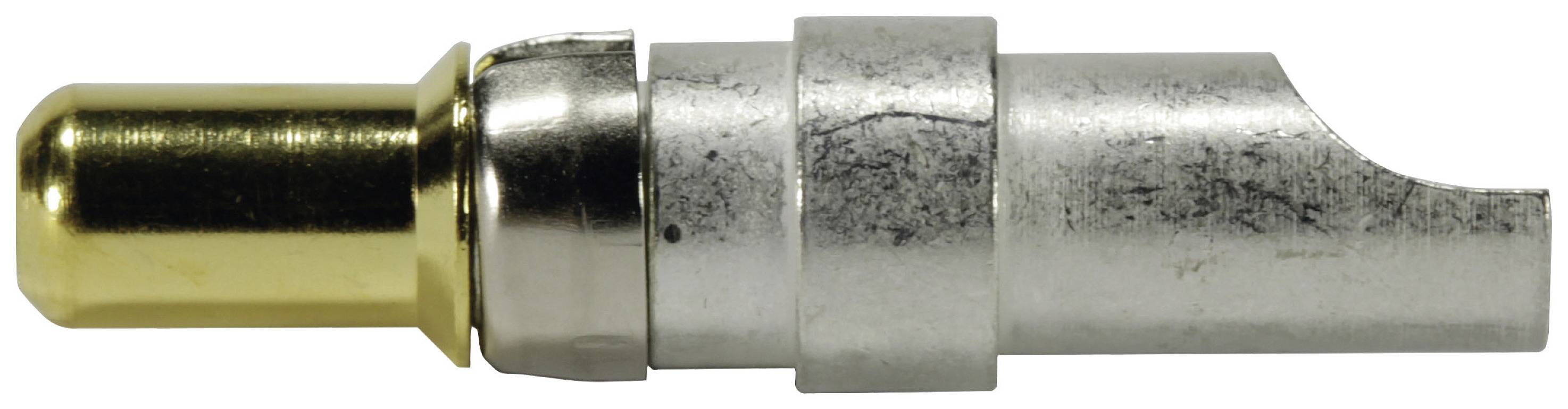 Metal adapter with gold and silver top surface. Connects audio devices through a push-to-fit mechanism.