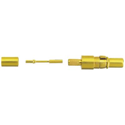Golden metal plug in three parts: housing, centre pin, and connecting piece.